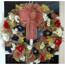 REDUCED! Red, White and Blue Flowers with Red Chevron Bow Deco Mesh Door Wreath   372386568753